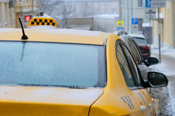 Moscow, Russia, December, 8, 2016: Close up image of Moscow yellow taxi