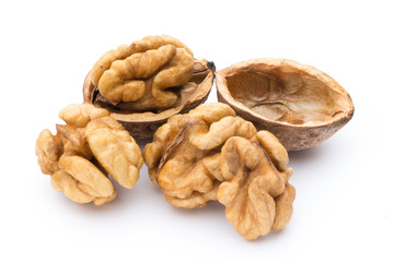 Walnut and walnut kernel isolated on the white background.