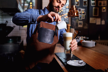 Barman barista uniform making coffee tea cocktails in the bar, restaurant, shop. - obrazy, fototapety, plakaty