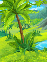Fototapeta premium Cartoon nature scene with pond near the jungle - illustration for children