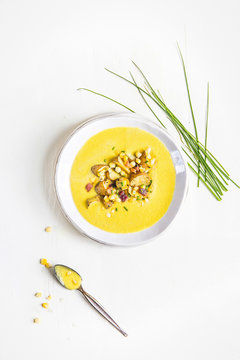 Bowl of corn and potato soup 