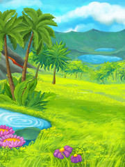 Cartoon nature scene with pond near the jungle - illustration for children
