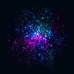 Vector rainbow glowing light glitter background. Galaxy magic lights background. Star burst with sparkles on black background