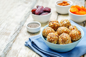 Raw vegan dried apricots, dates, almonds Chia seed balls