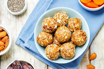 Raw vegan dried apricots, dates, almonds Chia seed balls