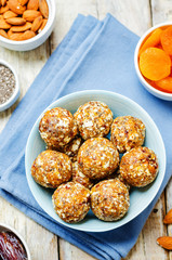 Raw vegan dried apricots, dates, almonds Chia seed balls