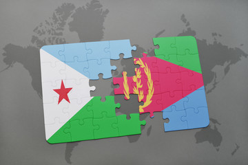 puzzle with the national flag of djibouti and eritrea on a world map