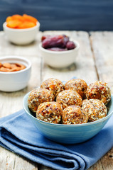 Raw vegan dried apricots, dates, almonds Chia seed balls