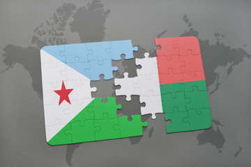 puzzle with the national flag of djibouti and madagascar on a world map