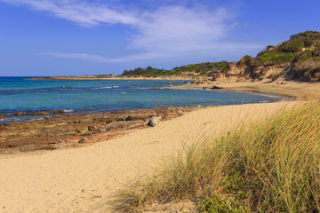 Summer seascape: Torre Guaceto Nature Reserve .BRINDISI (Apulia)-ITALY-Mediterranean maquis: a nature sanctuary between the land and the sea.