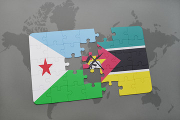 puzzle with the national flag of djibouti and mozambique on a world map