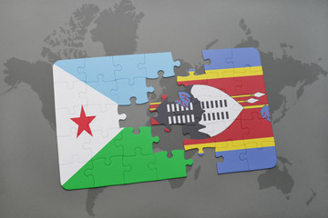 puzzle with the national flag of djibouti and swaziland on a world map