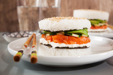 japanese food with burger made from rice and smoked salmon, avoc