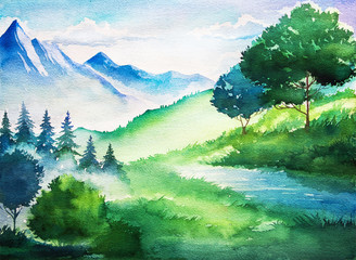 Watercolor summer landscape. Tree and mountains.