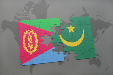 puzzle with the national flag of eritrea and mauritania on a world map