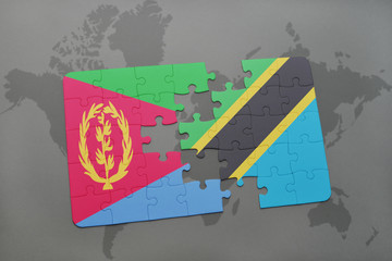 Fototapeta na wymiar puzzle with the national flag of eritrea and tanzania on a world map