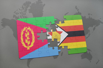 puzzle with the national flag of eritrea and zimbabwe on a world map