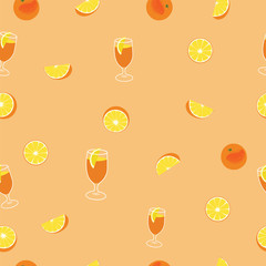 Orange with peel, glass of juice and orange silce seamless vector pattern.