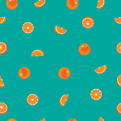 Orange with peel and orange silce seamless vector pattern on teal background.