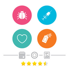 Bug and vaccine signs. Heart, spray can icons.