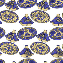 Seamless pattern of blue arabic crockery. 