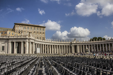 Rome, Vatican, Italy, St.Peter's Basilica at Vatican city and the square in the morning with chairsa
