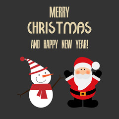 Vector illustration of a Santa and snowman with text merry christmas and happy new year on a gray background