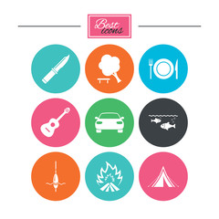 Hike trip, camping icons. Fishing, tourist tent.