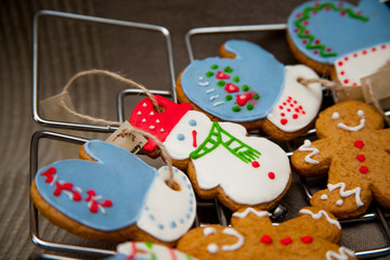 Christmas homemade gingerbread cookies on wooden table