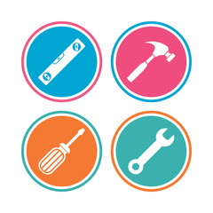 Screwdriver and bubble level, hammer.