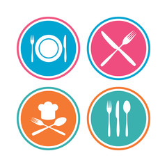 Fototapeta premium Plate dish with forks and knifes icon. Chief hat.