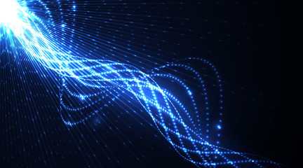 Abstract glowing lighs spiral. Blue lines background. Vector design.