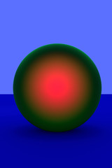 3D-Rendering einer grünen Kugel - rötlich leuchtend - auf dunkelblauer Fläche