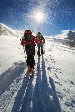 ski mountaineering in snowstorm