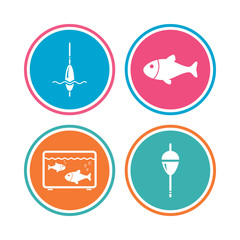 Fishing icons. Fish with fishermen hook symbol.