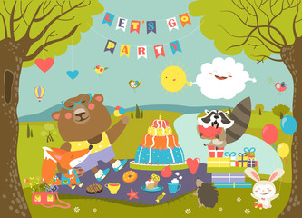 Cartoon animals celebrating Birthday in the forest