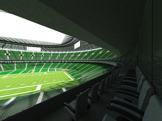 Fototapeta na wymiar 3D render of a round football stadium with green seats for hundred thousand spectators