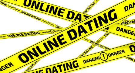 Online dating. Danger. Yellow warning tapes