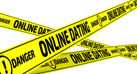 Online dating. Danger. Yellow warning tapes