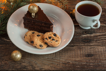 Chocolate Cake. Christmas Lights and Decor. Sweets.
