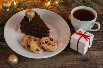 Chocolate Cake. Christmas Lights and Decor. Sweets.