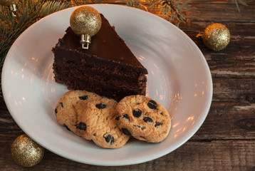 Chocolate Cake. Christmas Lights and Decor. Sweets.