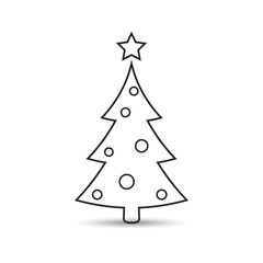 Christmas tree flat outline icon, vector simple design with shadow. Black symbol of fir-tree.