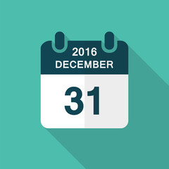 Calendar icon 31 of december 2016 year with long shadow isolated on green background. Calendar in flat style for new year's eve, vector.