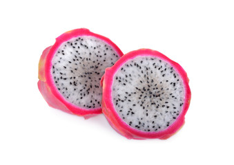 half cut fresh dragon fruit on white background