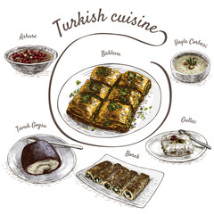 Colorful vector illustration of turkish cuisine.