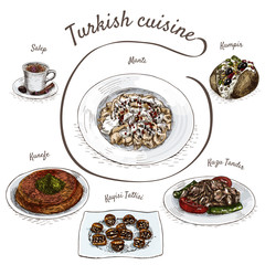 Colorful vector illustration of turkish cuisine.