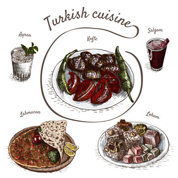 Colorful vector illustration of turkish cuisine.