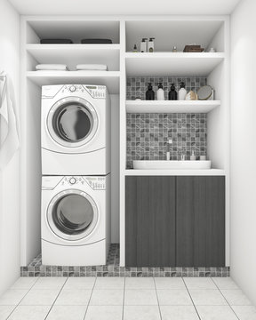3d Rendering Beautiful Modern White Laundry Room With Decoration