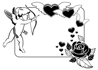 Black and white Valentine frame with cupid and hearts.